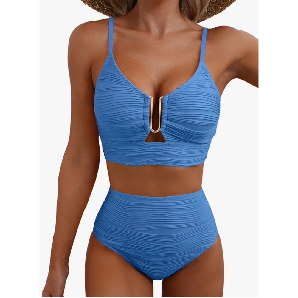 Blue Textured Ripple High Waisted Bikini Set Gold Hardware Size M
